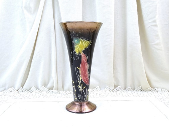 Large 1950s Mid Century Vintage French Hand Painted Lusterware Footed Conical Fluted Vase Exotic Fish Pattern on Black, Retro MCM Pottery