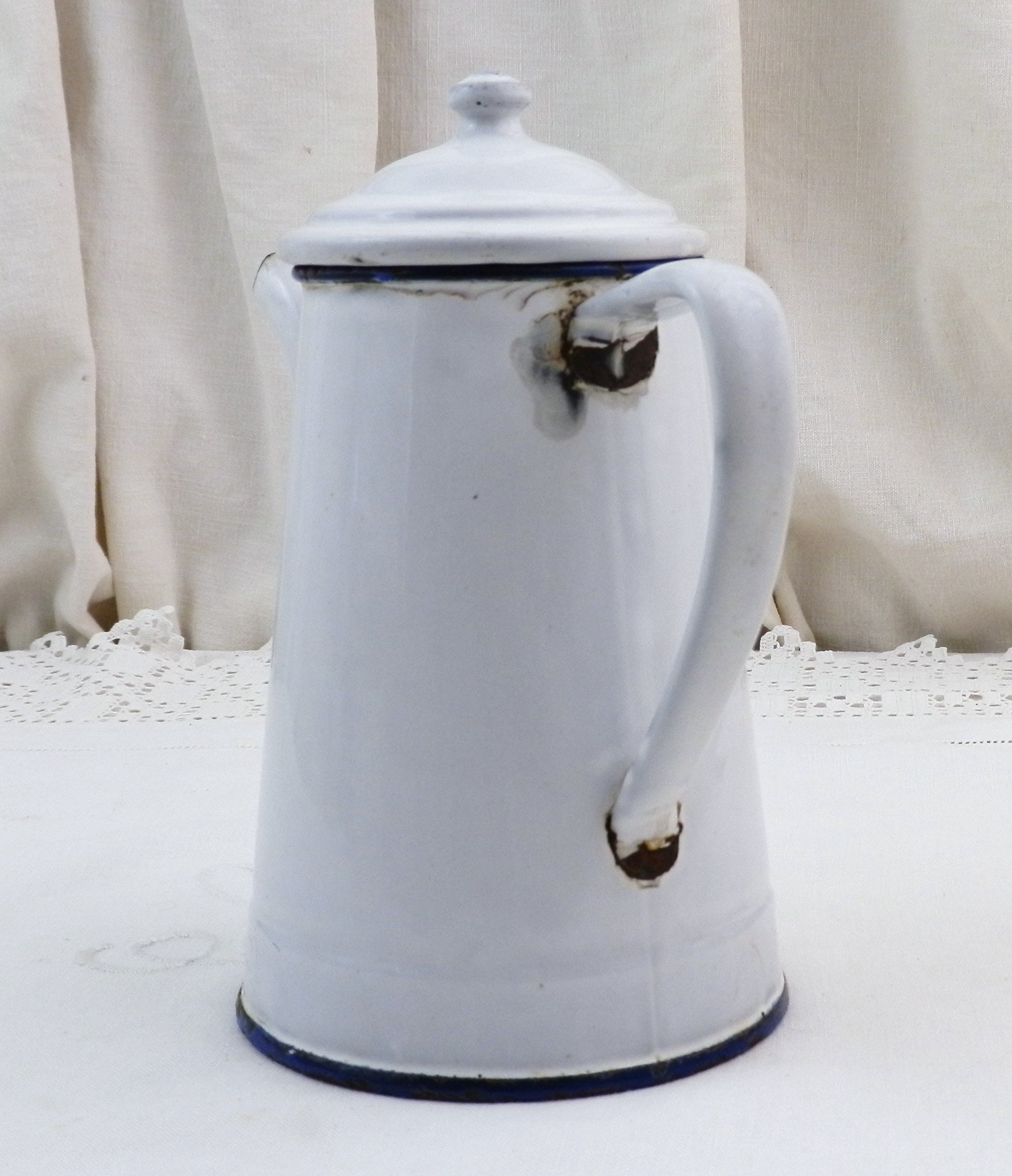Vintage French White Enamel Porcelain Coffee Pot with Goose Neck Spout, Country Cottage Kitchen