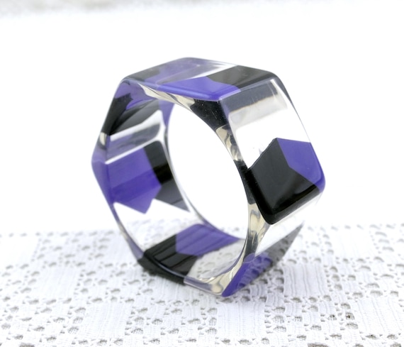 Vintage 1980s Large Chunky Hexagonal Clear Purple and Black Lucite Bangle, Retro Statement Piece Woman Colorful Bracelet from France