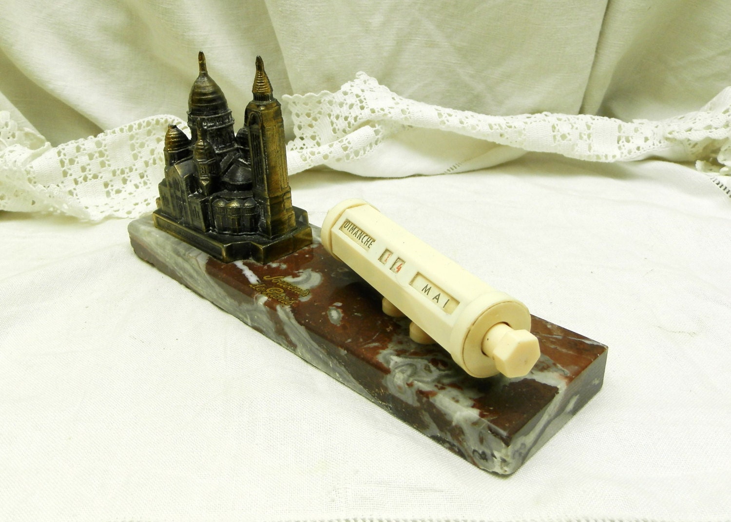 Vintage French Perpetual Calendar Souvenir Of Paris White Bakelite With vintage-french-perpetual-calendar-souvenir-of-paris-white-bakelite-with
