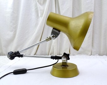 Vintage French 1950s Industrial Articulated Gold Colored Table Desk Work Lamp with Weighted Base, Retro Mid Century Architect Metal Light
