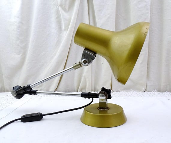 Vintage French 1950s Industrial Articulated Gold Colored Table Desk Work Lamp with Weighted Base, Retro Mid Century Architect Metal Light