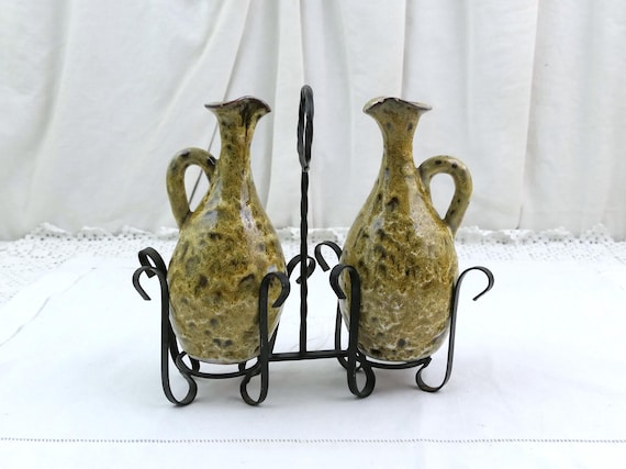 Vintage French Mid Century Vallauris Cruet Set, 20cm / 7.87in with Wrought Iron Stand, Retro Studio Pottery  Fat Lava Tableware South France