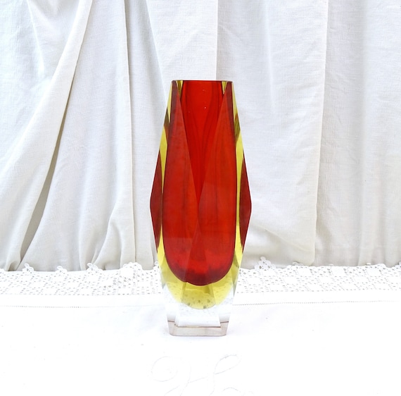 Large Vintage Mid Century Campanella Murano Faceted Red & Yellow Sommerso Glass Vase, Retro Italian Glassware Venise, MCM Designer Flower