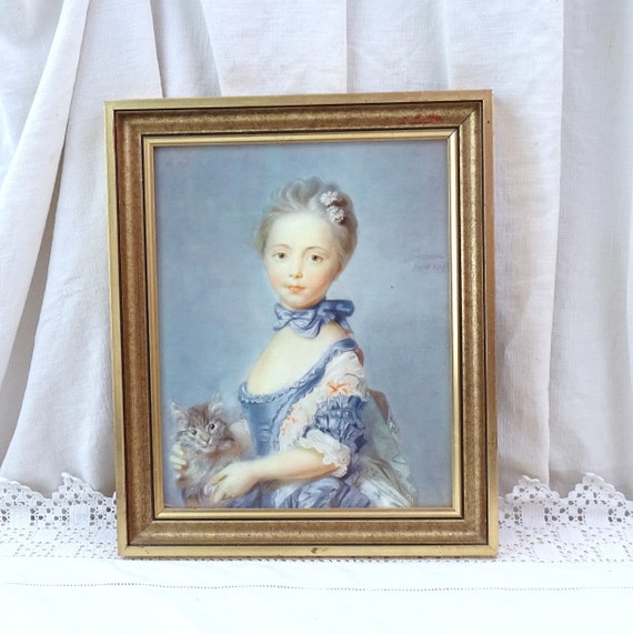 Vintage Framed Reproduction Picture the A Girl with a Kitten by Jean-Baptiste Perronneau, Retro Quality Print of Oil Painting with Frame