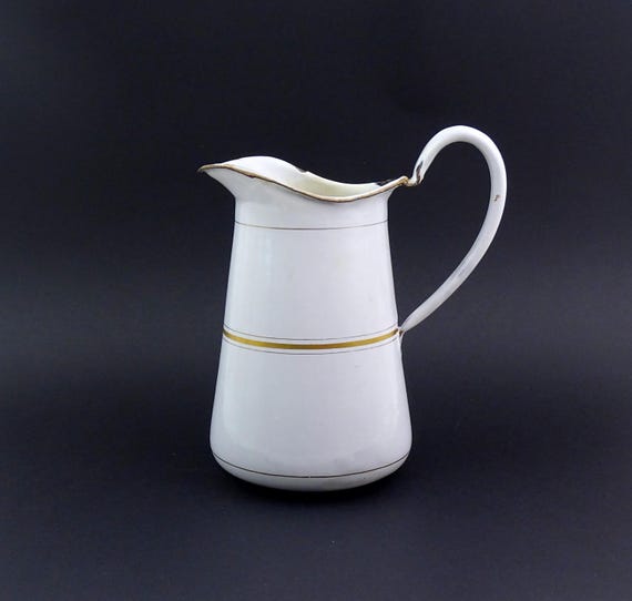 Antique French White Enamelware Pitcher with Gold Band, Retro Vintage Shabby Chateaucore Enamel Jug,  Farmhouse Chic Home Decor