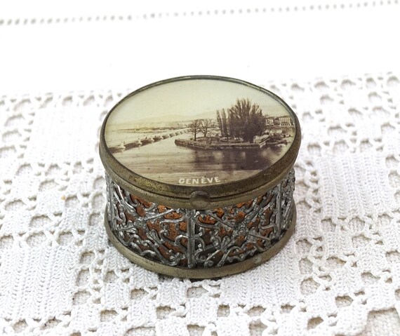 Small Round Antique Swiss Pill Box with Sepia Photograph View of the Bridge Pont du Mont-Blanc, Vintage Little Ring Box from Switzerland