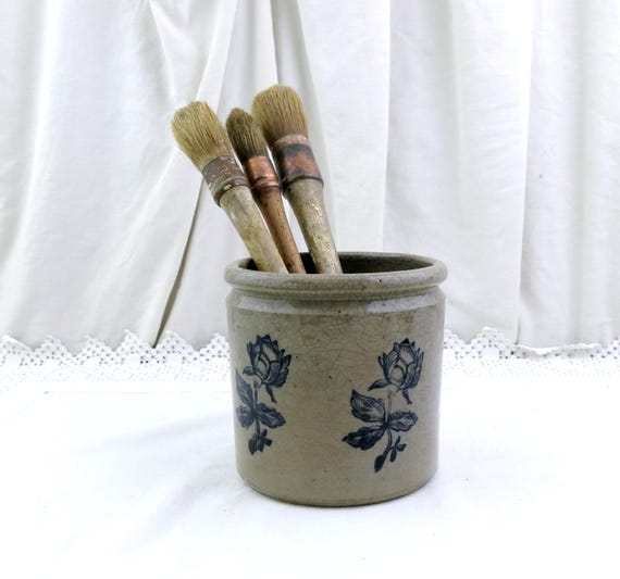 Antique French Round Gray Salt Glaze Earthenware Crock Pot Blue Flower Pattern, Retro Pottery Storage Jar France, Country Brocante Farmhouse