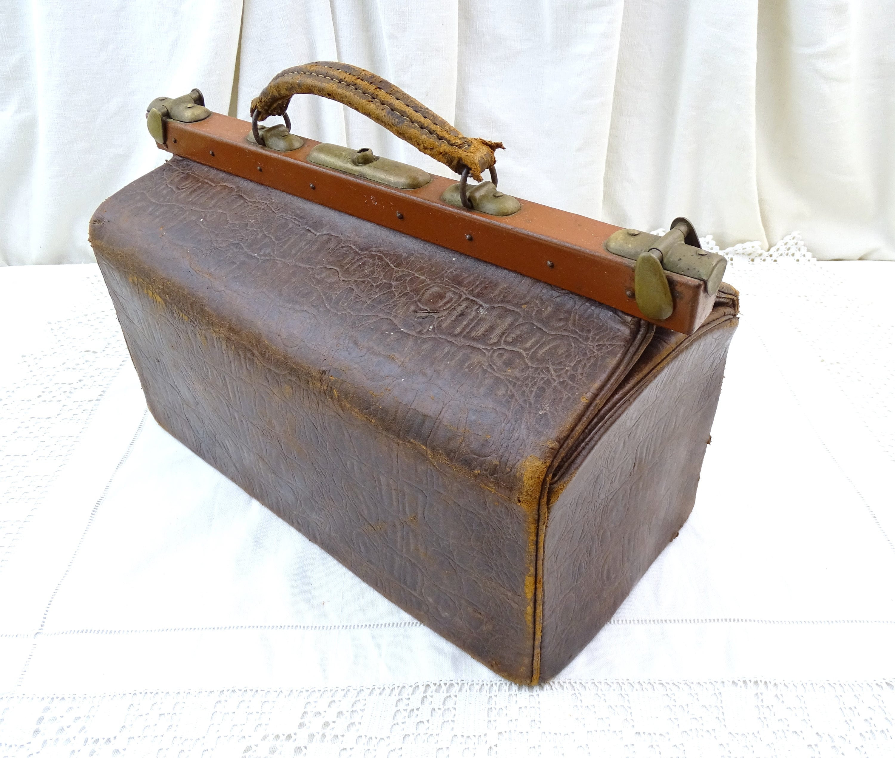 Antique French Brown Leather Gladstone Bag Doctor Midwife Bag