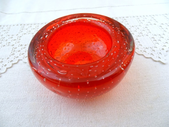 Vintage British Mid Century Whitefriars Art Glass Ruby Red Controlled Bubble Trinket Bowl Model Number 9099, Retro Collectible Glassware