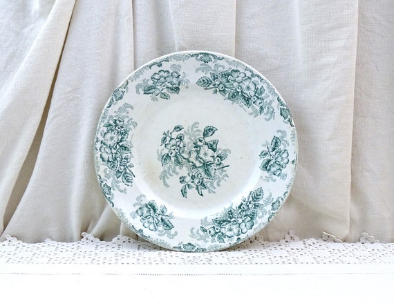 Antique French Stoneware Plate by St Amand with Flower Pattern in Teal Blue, Vintage Ironstone Style Crockery France, Country Farmhouse