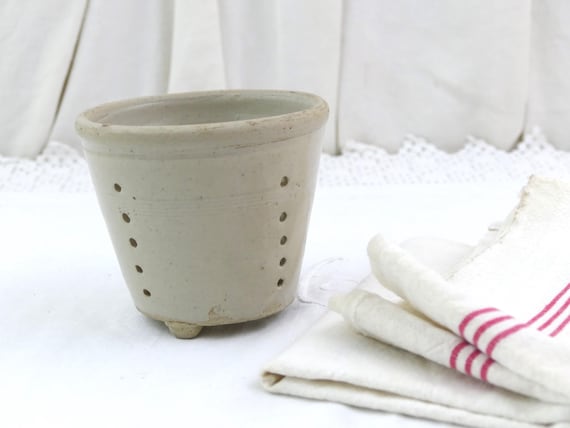 French Antique Faisselle Cheese Strainer Mold Beige Glazed Pottery, Vintage Farmhouse Cottage Dairy Utensil Kitchen Decor France,