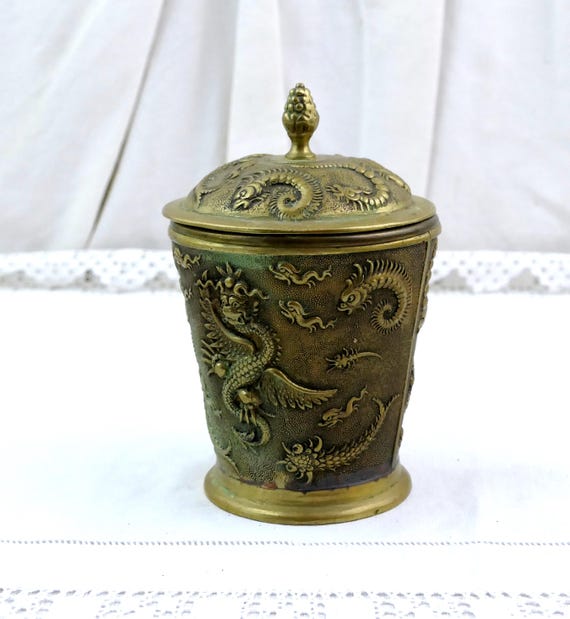 Antique Chinese Bronze Lidded Tobacco Pot With Dragon Motifs, Vintage Oriental Covered Ginger Jar, Asian Relief Dragon Canister, Trinket Box