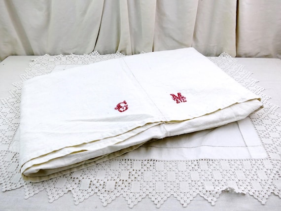 Antique French Excellent Condition Heavy Hand Loomed Hemp Fabric Sheet with Red Monograms MG, Vintage Cottage Woven Rural Material France