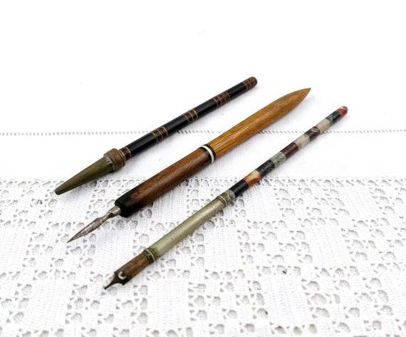 Lot of 3 Antique Writing Fountain Dip Pens and Pencil with Striped Marble Stone and Wooden Inlay, Collection of Collectible Nibs, Desk Decor
