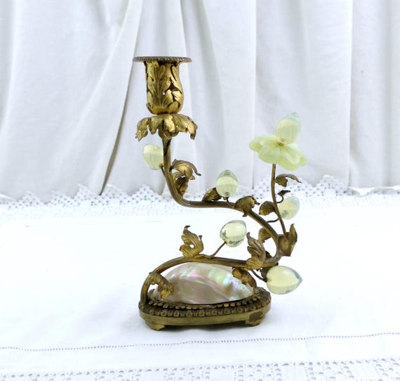 Antique French Ornate Ormalu, Mother of Pearl and Vaseline Uranium Glass Vase Candle Holder, Vintage Chateau Chic Victorian Candle Stick