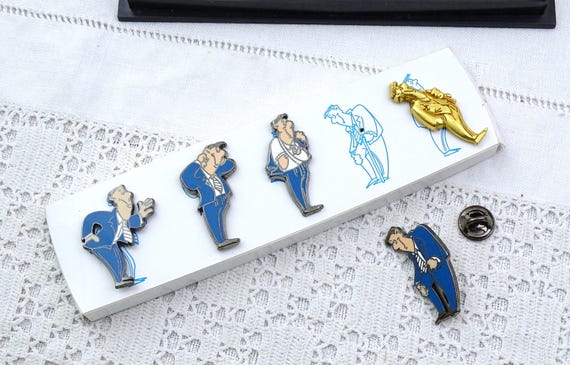 Vintage French 1980s Unused Boxed Set of 5 Enamel and Metal Pins with Suit and Tie Business Man, Retro Working Smart Dad Gift from France
