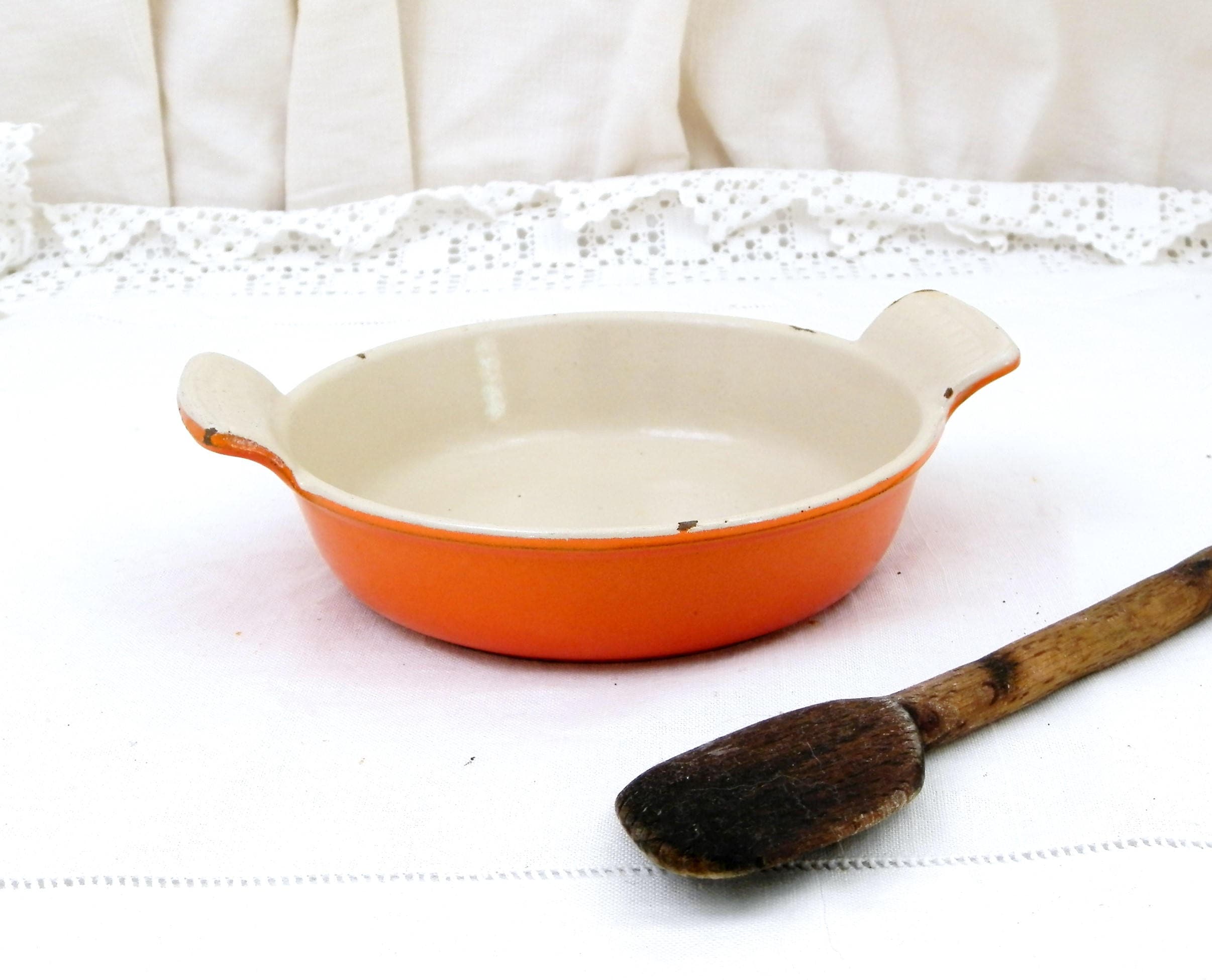 Small Vintage French Le Creuset from France Bright Orange and White