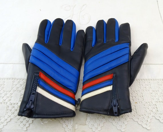 Vintage Unused 1970s / 1980s Black Blue Vinyl Ski Gloves Size 8 1/2 Medium Size,  Winter Snow Sports Hand Protection France, Alpine Fashion