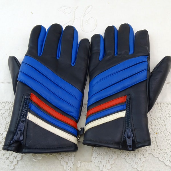 Vintage Unused 1970s / 1980s Black Blue Vinyl Ski Gloves Size 8 1/2 Medium Size,  Winter Snow Sports Hand Protection France, Alpine Fashion