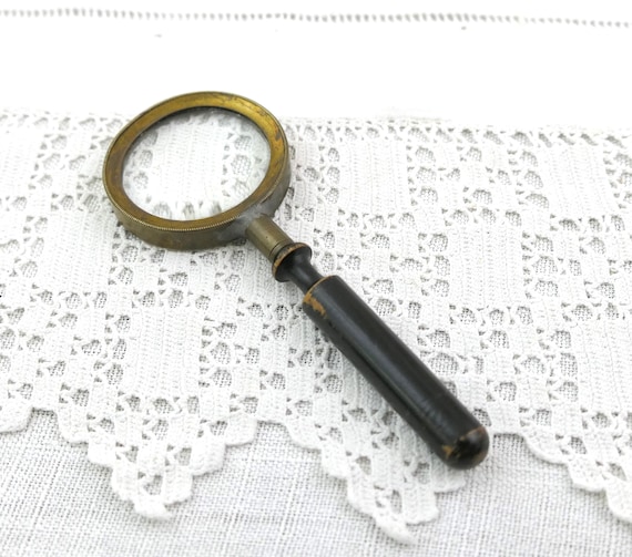 Small Antique Pocket French Victorian Magnifying Glass with Blacken Ebonized Wooden Handle, Spy Glass from France, Flea Market Curio
