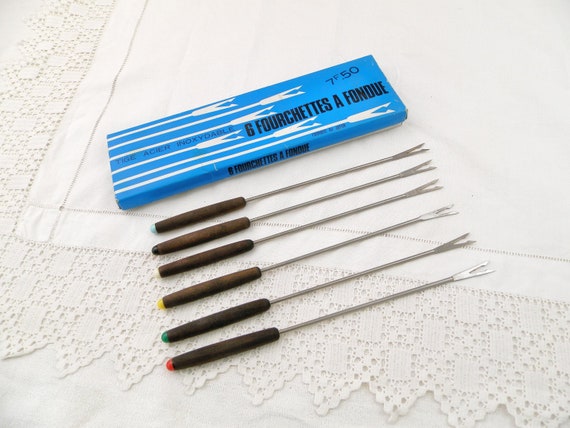 Vintage 1960s Boxed Set of 6 Stainless Steel and Wooden Fondue Forks Made in Japan, Retro 60s Dinner Party Accessory from France,