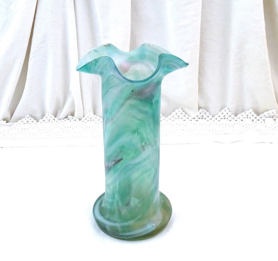 Vintage French Art Nouveau Blown Pate De Verre Glass Vase with Ruffled Rim in Aqua Green Tones, Vintage Flower Arranging Glassware France