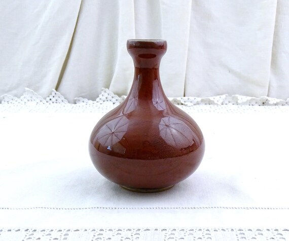 Vintage French Studio Pottery Minimalist Pot Bellied Bud Vase R Dartus, Retro Dark Maroon Glazed Simple Posy Vase Artisan Handmade France