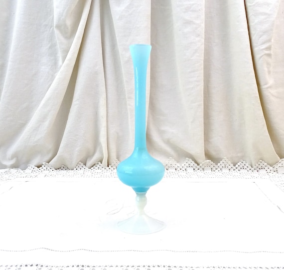 Vintage Mid Century Pale Blue and White Opaline Milk Glass Tall Slender Stem / Bud Footed Vase, 50s 60s Flower Accessory from France