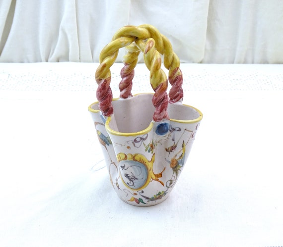 Vintage Handpainted Pottery Trinket Basket with Classical Italian Decor and Twisted Handle, Retro Ceramic Ornament Renaissance Style