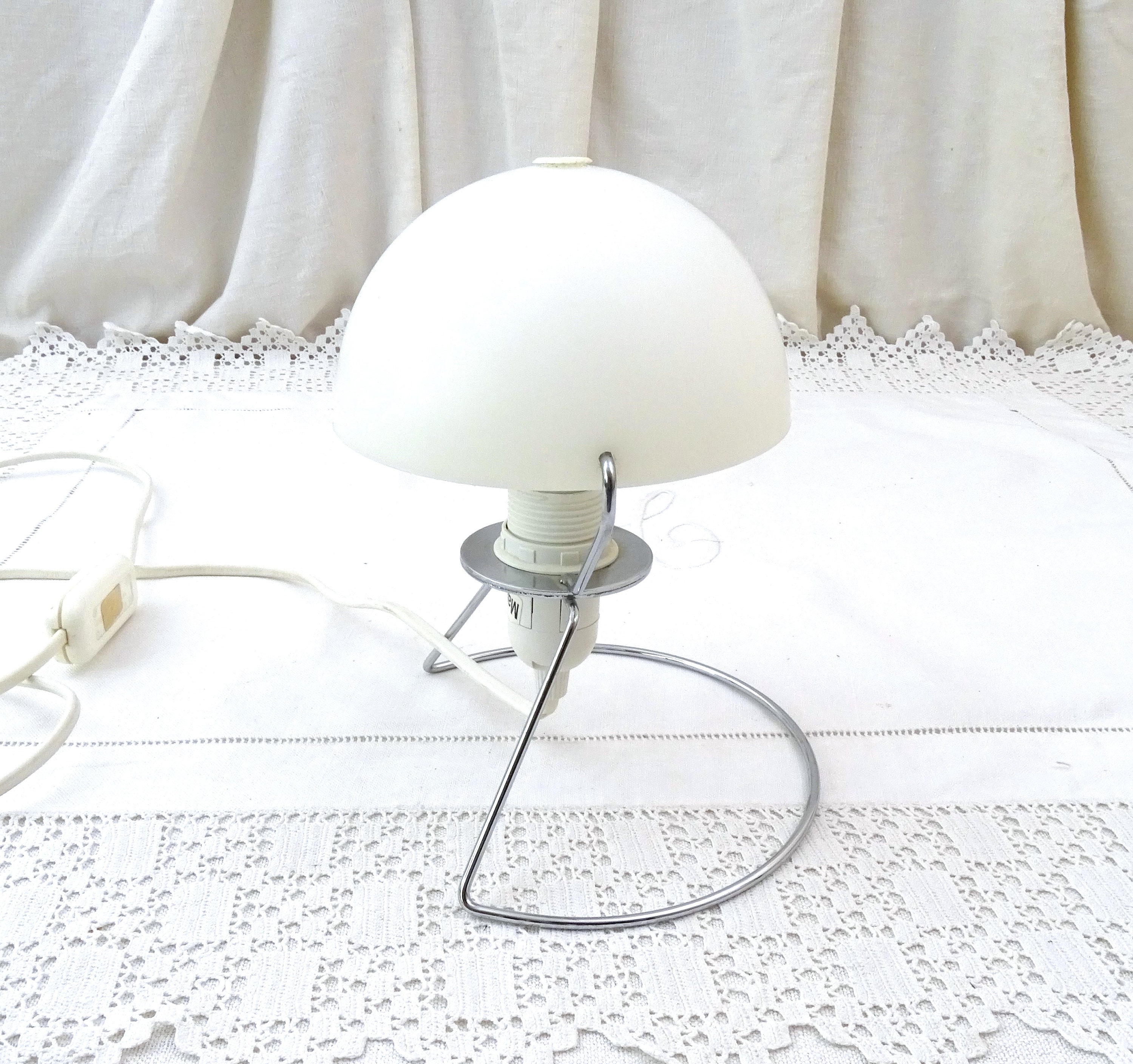 Small Vintage French 1990s Mushroom Table Lamp Aluminor with White Frosted  Plastic Swivel Shade and Chrome Wire Base, Minimalist 80 Lighting