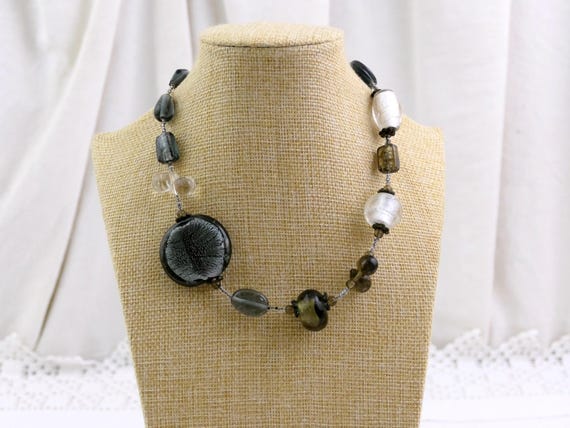 Vintage Foiled Backed Asymmetric White and Gray Glass Beaded Necklace with Large Chunky Beads, Retro Unique Style Glassware Jewelry