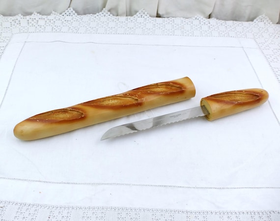 Vintage French Novelty Bread Knife Shaped as a Baguette with Stainless Steel Blade, Retro Fun Fake Flute Bun Carving Knife from France