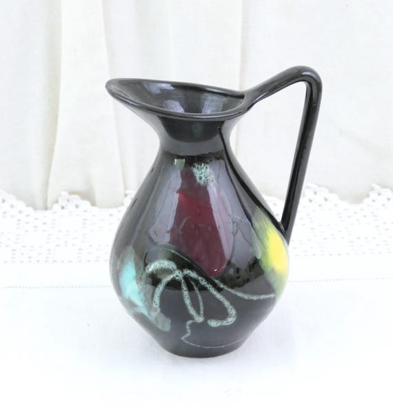 Vintage Poët-Laval Ceramic Pitcher with Black Glaze with Abstract Polychrome Decoration, Retro 1950s 1960 French Pottery in Colorful Pattern