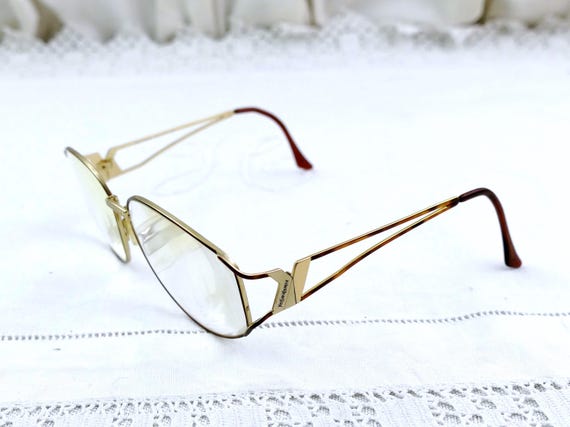 Yves Saint Laurent 6029 Vintage Gold Tone Eyeglass Frames Brown Temple Tips Geometric Designer Optical Glasses Frame Only