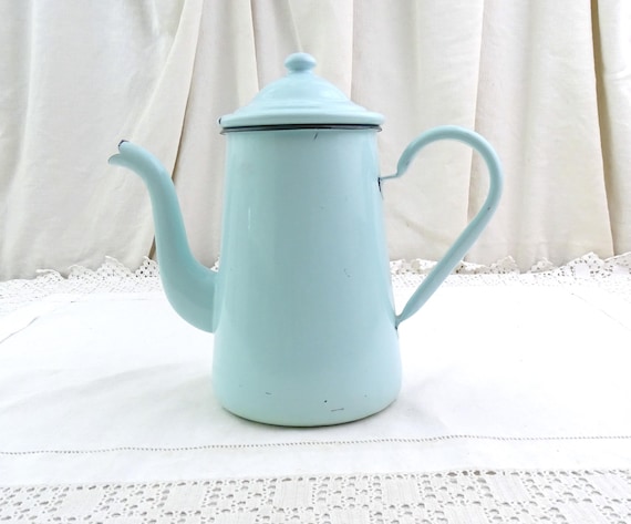 Vintage French Mint Green  Porcelain Enamel Goose Neck Coffee Pot, Vintage Enamelware Metal Cafetiere France, Cottagecore Kitchen Decor