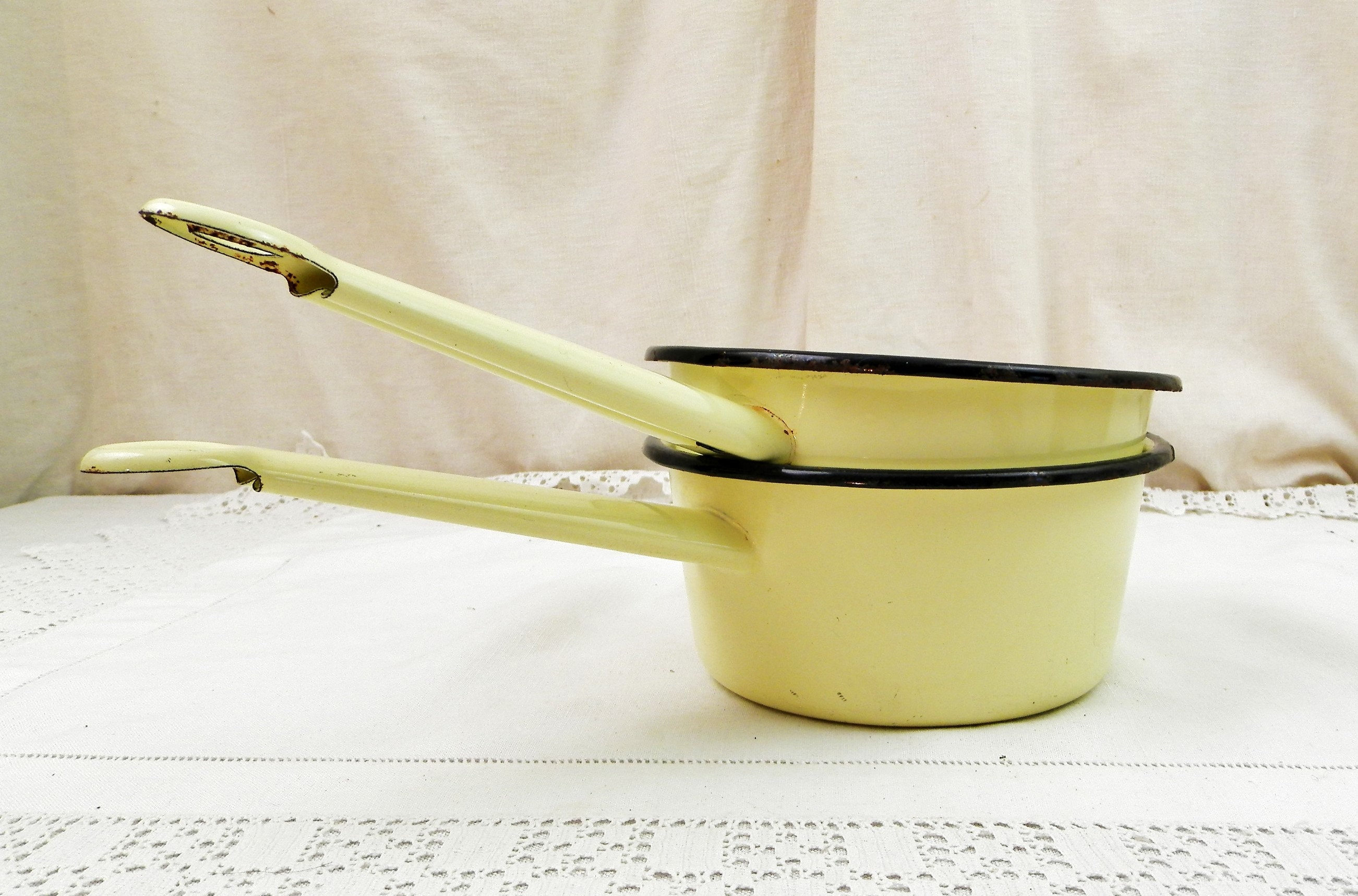 2 Vintage French 1950s Identical Yellow Enameled Cooking Pans