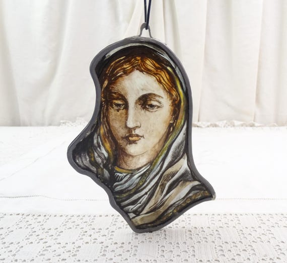 Antique French Shard of Hand Painted Stained Glass Window with Woman's Veiled Head, Retro Religious Salvage from France, Light Catcher