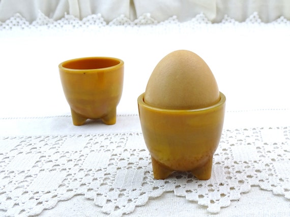 2 Vintage French Art Deco Butterscotch Milk Glass Egg Cups, Retro Opaline Glass Egg Cup from France, Old Breakfast Table Accessory