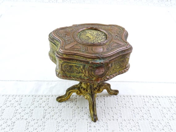 Antique French Worn Omalu Bronze Ornate 4 Legged Jewelry Box, Retro Gold Plated Rococo Style Casket France, Parisian Versailles Decor
