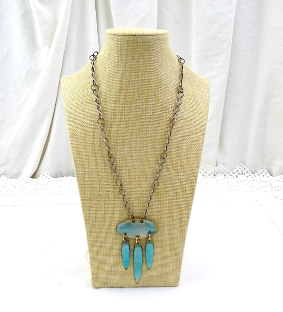Vintage French 1960s Designer Maker Pendant Necklace with Turquoise Enameled Copper Metal with Hand Forged Chain, Retro 1970s Hippy Jewelry