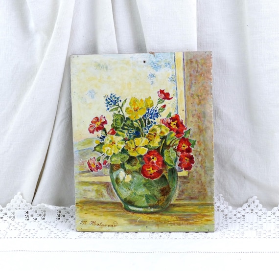 Vintage Hand Painted Picture French Still Life of Flowers in a Vase on Wooden Board, Retro Oil Painting Floral Composition France
