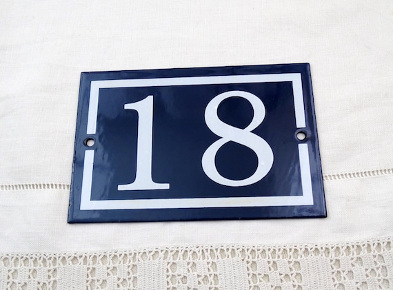 Vintage French Porcelain Enameled Metal House Sign in Blue and White Number 18, Enamelware Street Home from France, Traditional Address Sign