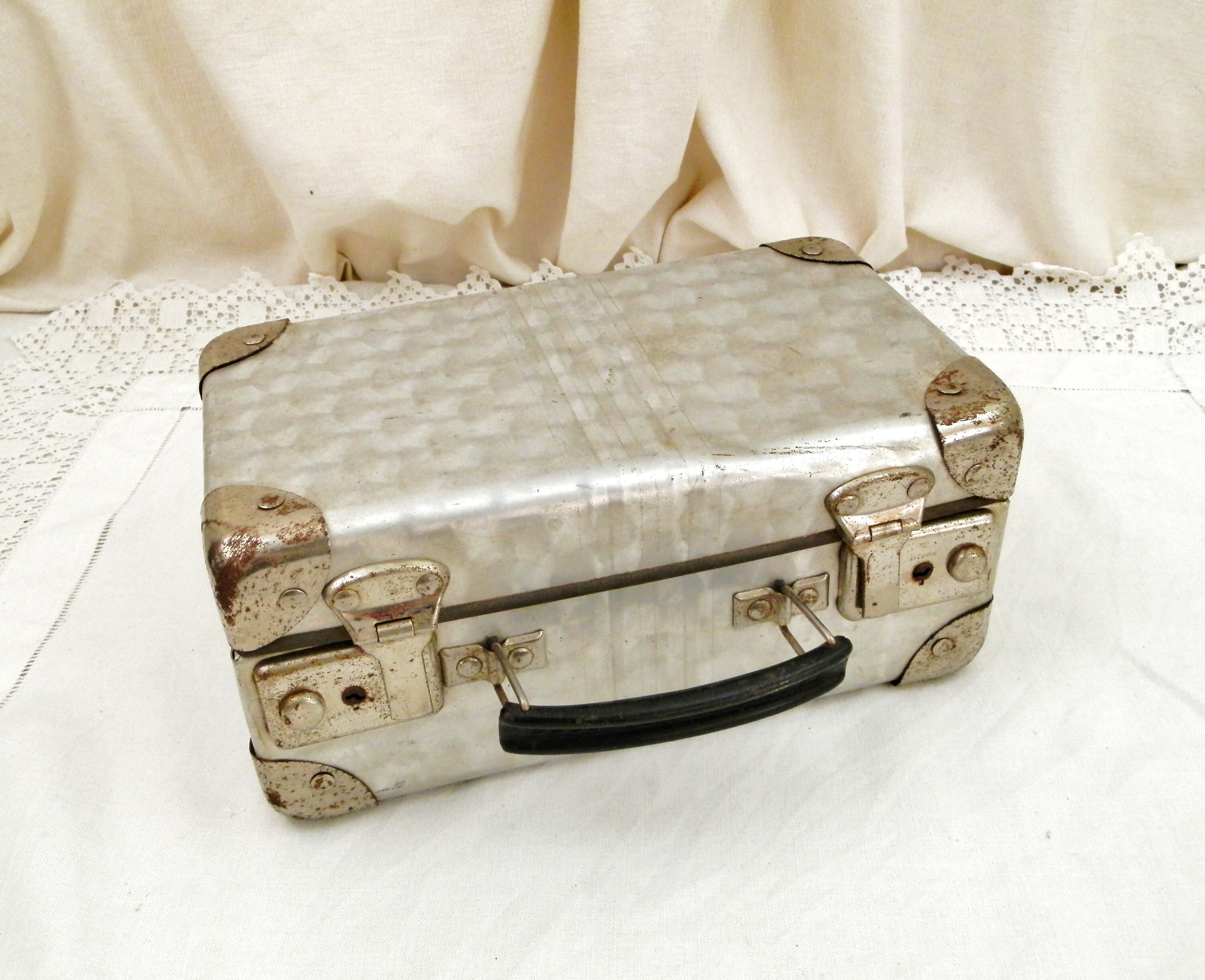 Vintage French Small Brushed Metal Suitcase, Child's Toy