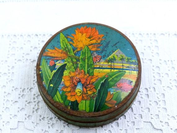 Antique French Round Lithographed Metal Tin with Egyptian Pattern Pyramids Camels and Lotuses Flowers, Vintage Collectible Box Egypt Themed