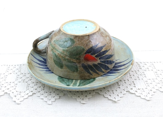Large Vintage 1960s French Studio Pottery Cup Saucer, Hand-Painted Stoneware, Stylized Floral Design, Turquoise Glaze, Mid-Century Tableware