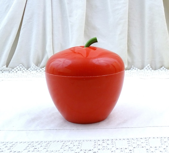 Vintage French Mid Century Bright Red Plastic Apple Ice Cube Holder, Retro 1960s 1970s Ice Bucket from France, Decorative Fun Barware Box