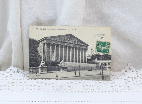 Rare Antique French  Black and White Postcard of a Biplane Flying over the French Parliament Paris Posted in 1912 / Collectable Retro Home