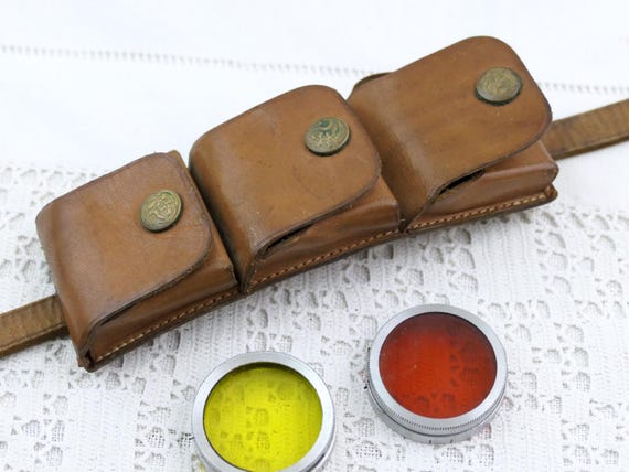 Vintage French Camera 3 Lens Case Holder on Leather Belt, Retro Photography Accessory from France, Old Colored Photo Lens Container