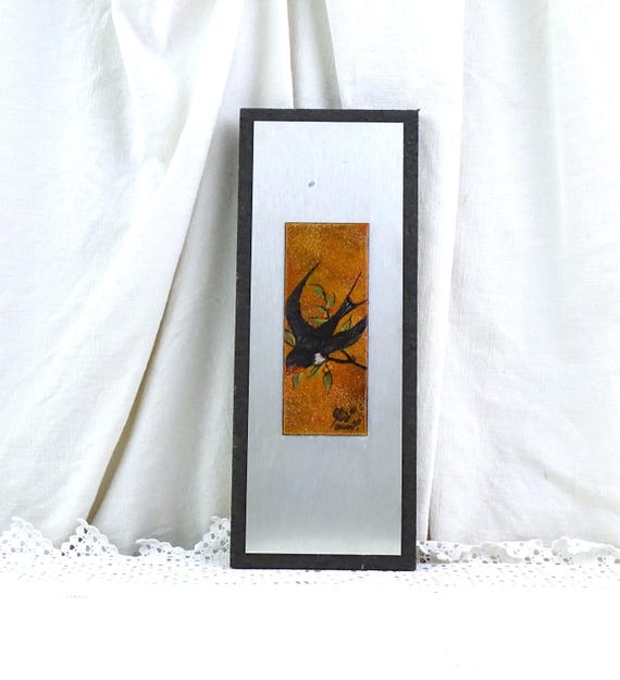 Vintage French Hand Painted Signed Mounted Enameled Copper Plaque with House Martin / Barn Swallow Picture with Brushed Metal Backing
